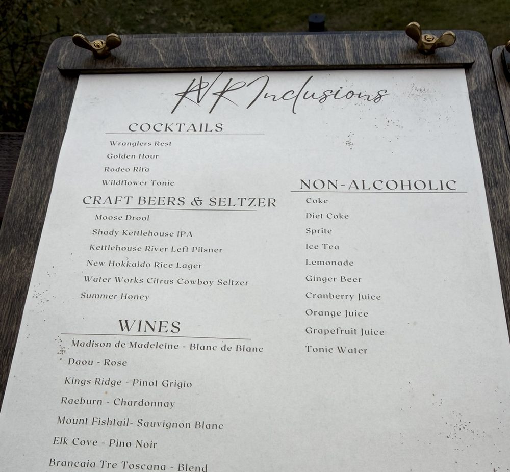 RVR Inclusions drink menu with cocktails, craft beers and seltzer, wines and non-alcoholic drinks