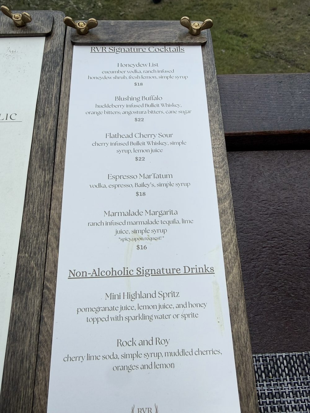 RVR Signature Cocktails menu with premium cocktails priced from $16 to $22, plus non-alcoholic signature drinks